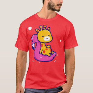 Camiseta Girafa Cuta Flotando Con Carto De Flamingo Nadante