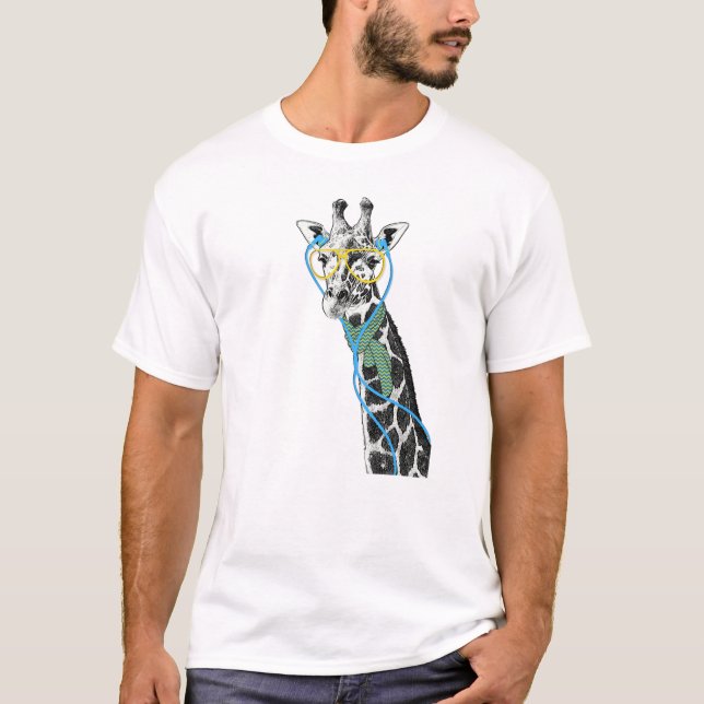 Camiseta Girafa de moda y divertida Guay con gafas, auricul (Anverso)