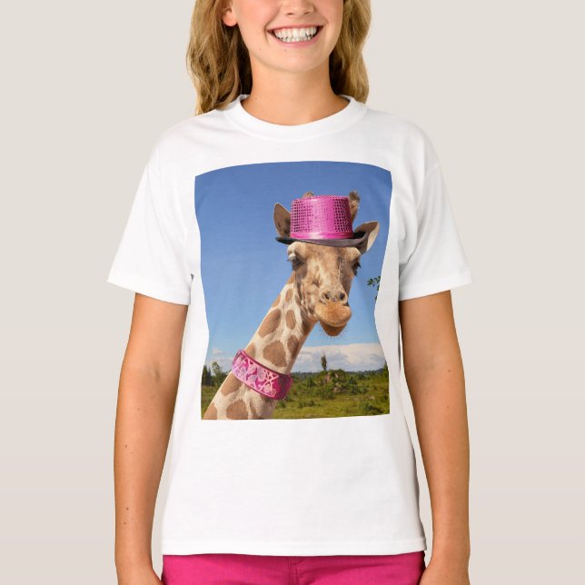 Camiseta Girafa en un gorra rosa brillante (Anverso)