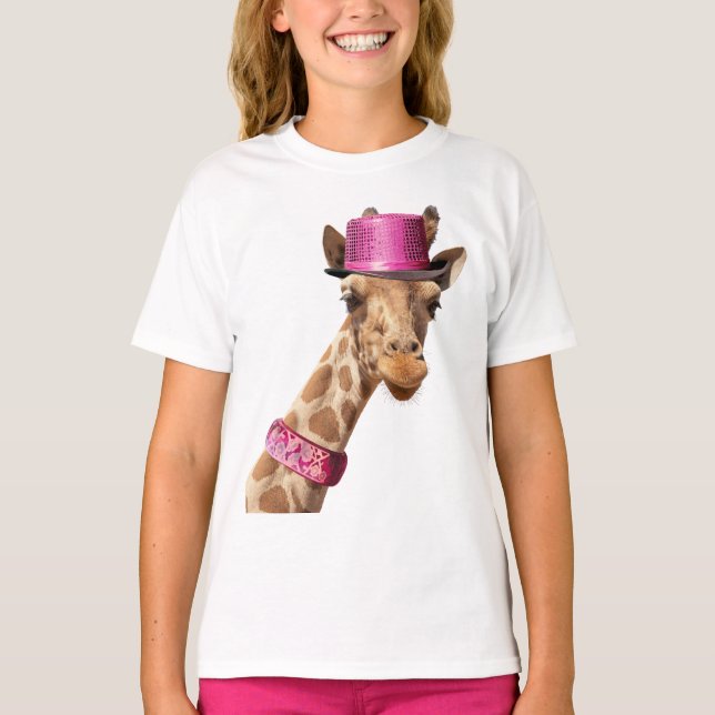 Camiseta Girafa en un gorra rosa brillante (Anverso)