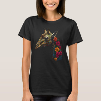 Camiseta Giraffe Artwork  Flowers Roses Animal Giraffe