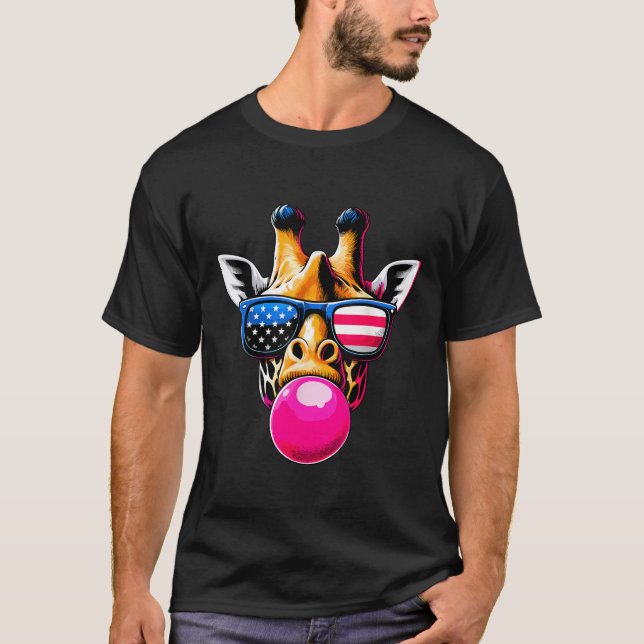 Camiseta Giraffe con USA Glasses y Bubblegum 4 de julio (Anverso)