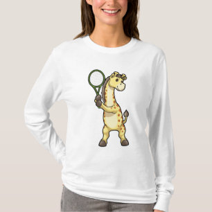 Camiseta Giraffe en el tenis con raqueta de tenis