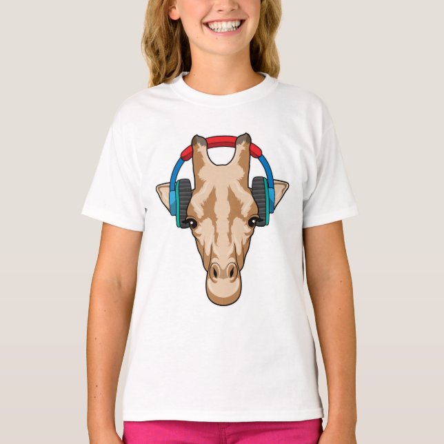 Camiseta Giraffe en la música con auriculares (Anverso)