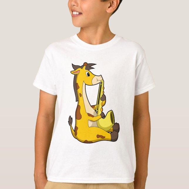 Camiseta Giraffe en la música con saxofón.PNG (Anverso)