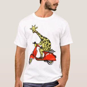 Camiseta Giraffe sobre un ciclomotor retro rojo