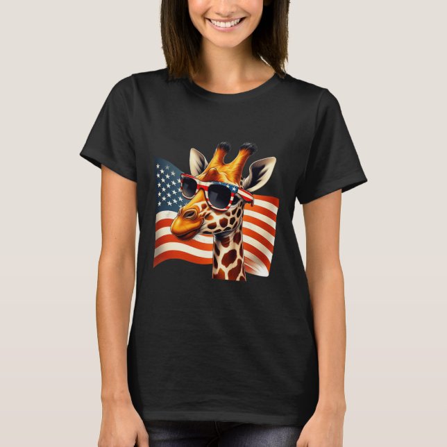 Camiseta Giraffe Sungles Bandera Estadounidense Patriótica  (Anverso)