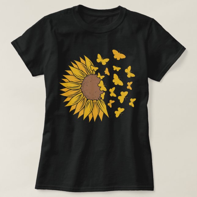 Camiseta Girasol vibrante con mariposas (Diseño del anverso)