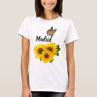 Camiseta Girasoles y mariposas con la palabra Madrid