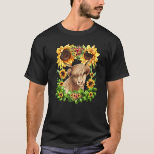 Camiseta Girassol Fofo Para Mulheres Com Vaca Da Terra Alta