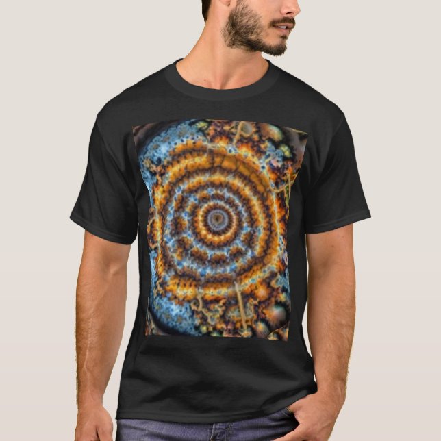 Camiseta giratoria fractal azul y dorada (Anverso)