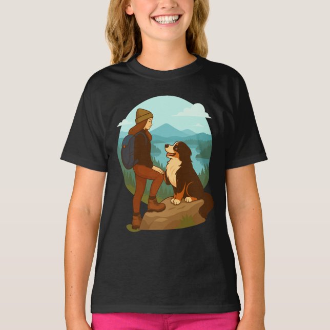 Camiseta Girl and Mountain Dog Adventure Illustration (Anverso)