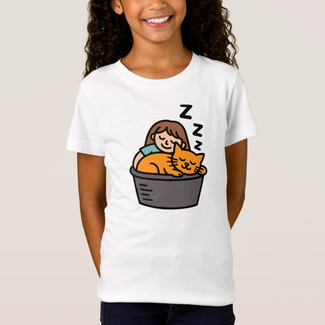Camiseta Girl and Orange Cat Sleeping in Bucket (Anverso)