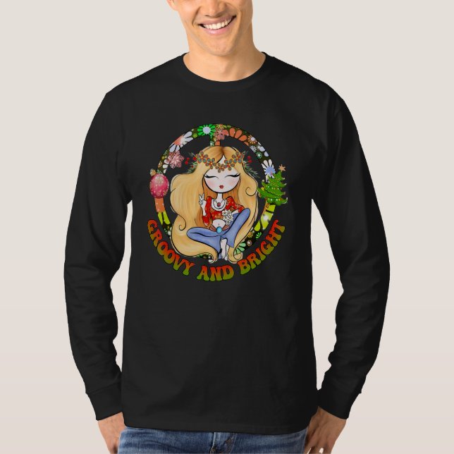 Camiseta Girl Hippie Groovy And Bright Merry Christmas Peac (Anverso)