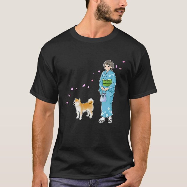 Camiseta Girl In Kimono & A Shiba Inu Enjoying A Breath Of  (Anverso)