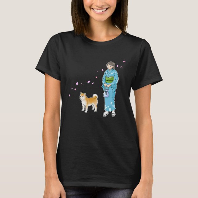 Camiseta Girl In Kimono & A Shiba Inu Enjoying A Breath Of  (Anverso)