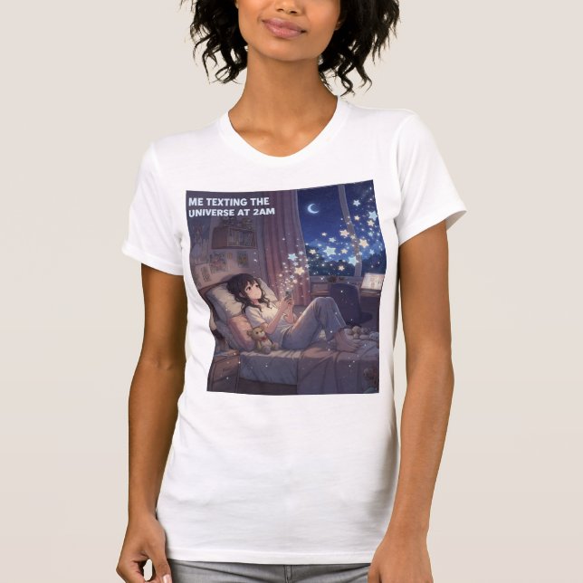 Camiseta Girl Texting Universe At Night Bedroom Scene (Anverso)