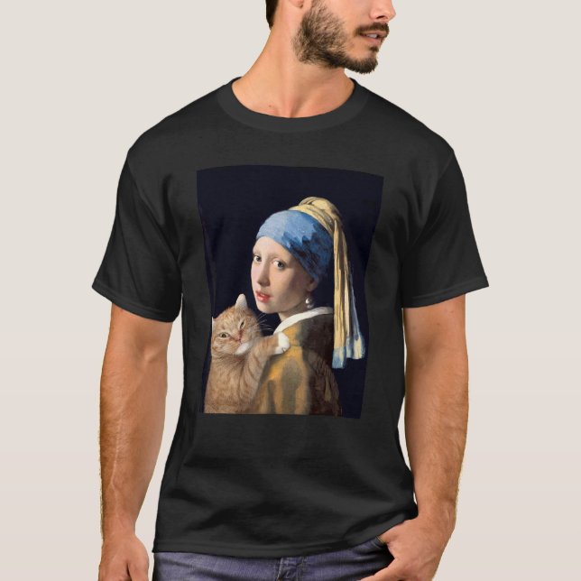 Camiseta Girl With A Pearl Earring With Orange Cat  Paintin (Anverso)