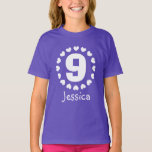 Camiseta Girls 9th Birthday shirt | Age nine with hearts<br><div class="desc">Girls 9th Birthday shirt | Age nine with hearts. Kids Birthday tee for eight year old child. Personalizable age number,  1 2 3 4 5 6 7 8 9 etc. Fun celebration design for kid's nineth Birthday party. Girly girl print for daughter or granddaughter.</div>