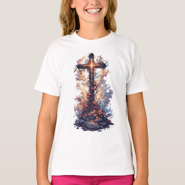 Camiseta Girl's Pretty Floral Christian Cross Tee Shirt (Anverso)