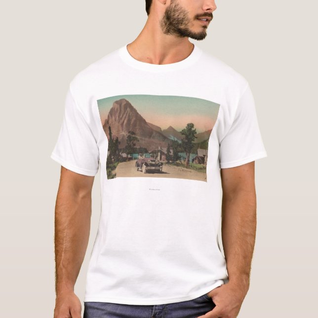 Camiseta Glaciar, TA - vista de dos chalets y Mt. Rockwell (Anverso)