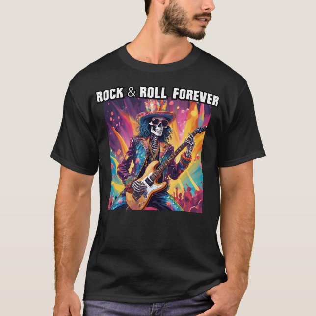 Camiseta Glam Rock Skeleton Guitarist Rock And Roll Forever (Anverso)