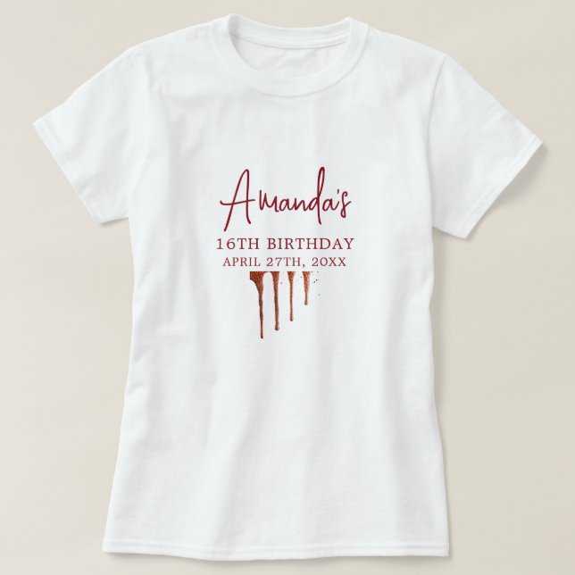 Camiseta Glamoroso Rosa Oro Purpurina Drip Sweet 16 Cumplea (Diseño del anverso)