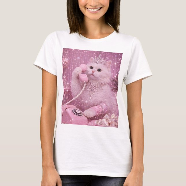 Camiseta Glamorous Princess Cat Using Pink Telephone        (Anverso)