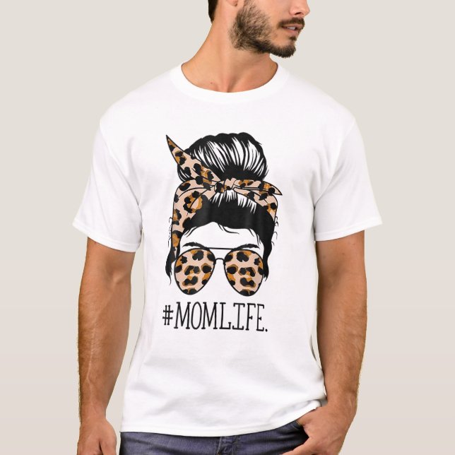 Camiseta Glasses Mom Life Leopard Cheetah Messy Bun Mother' (Anverso)