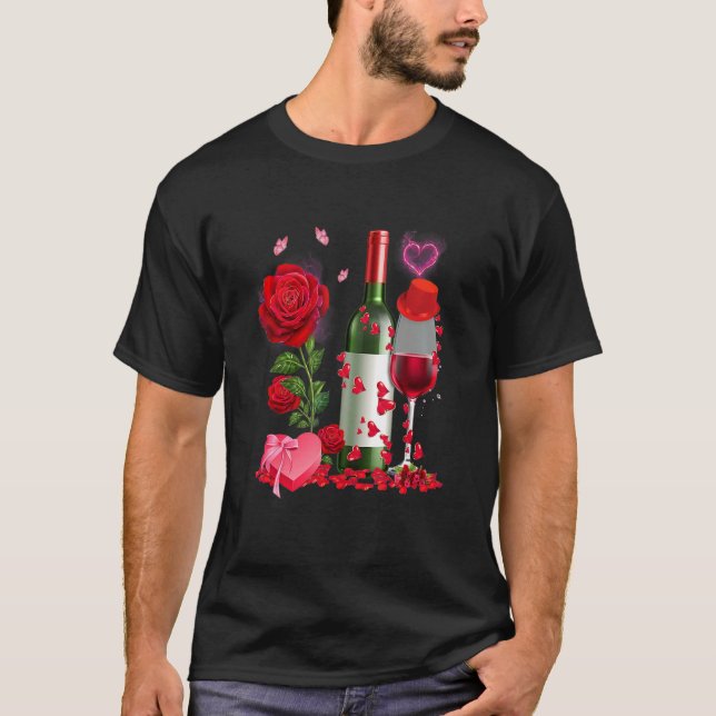 Camiseta Glasses Wine Rose Heart Funny Couple Valentines Da (Anverso)