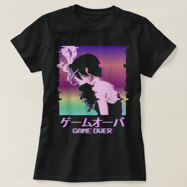 Camiseta Glitch Vaporwave Anime Game Over Art (Diseño del anverso)