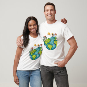 Camiseta Globe y flores sonrientes felices del Día de la Ti