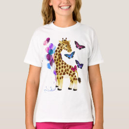 Camiseta Globos de bonito, mariposas y jirafa blanca