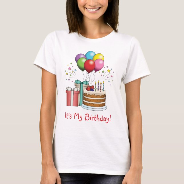 Camiseta Globos de cumpleaños coloridos con pasteles y rega (Anverso)