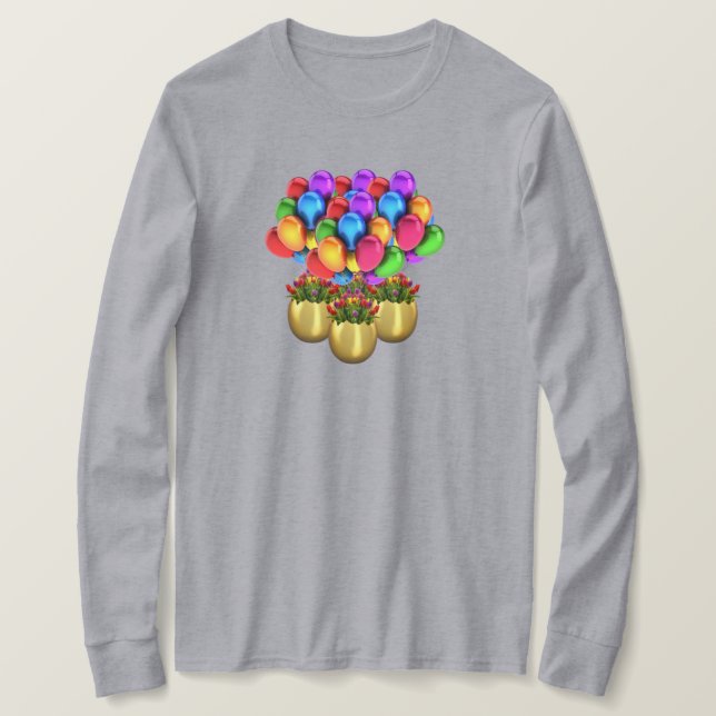 Camiseta Globos Y Flores Damas De Largo Alero TShirt (Anverso del diseño)