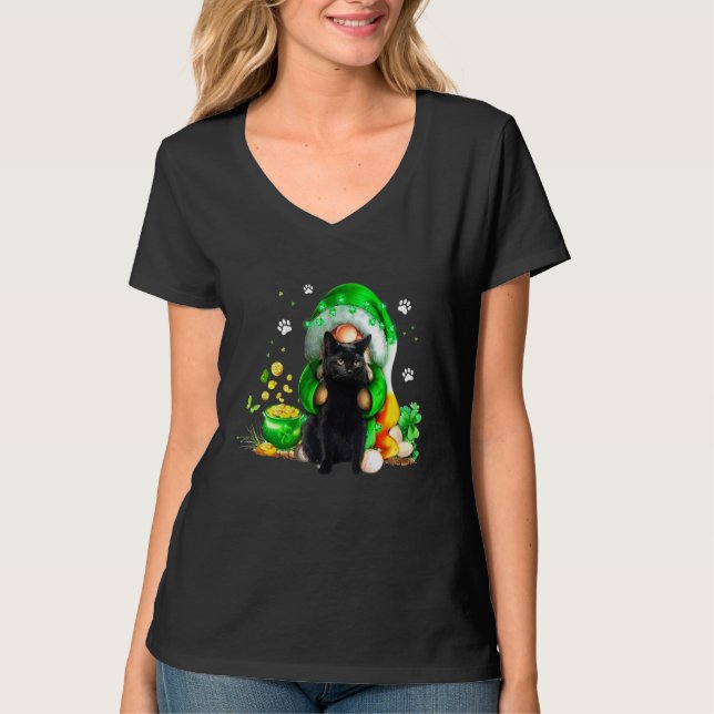 Camiseta Gnome Black Cat Shamrock St Patricks Day Kitten Gi (Anverso)