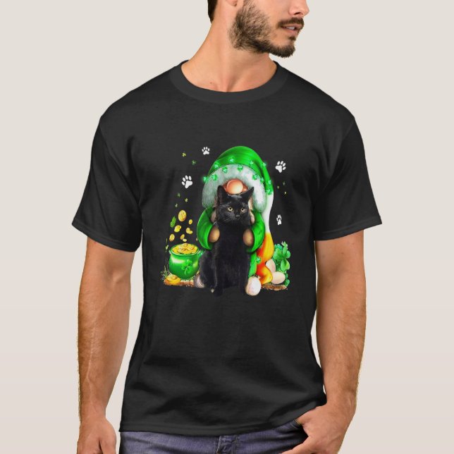 Camiseta Gnome Black Cat Shamrock St Patricks Day Kitten Gi (Anverso)