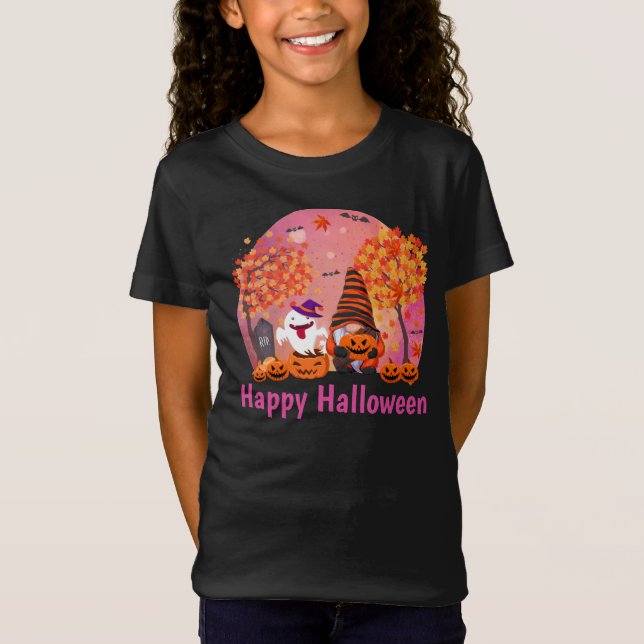 Camiseta Gnome De Halloween Y Fantasma Con Chica De Texto (Anverso)