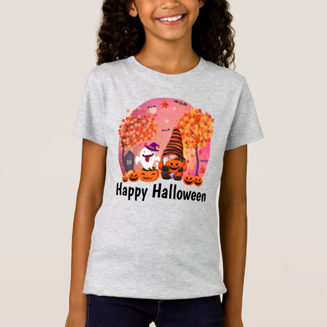 Camiseta Gnome De Halloween Y Fantasma Con Chica De Texto (Anverso)
