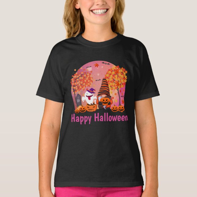 Camiseta Gnome De Halloween Y Fantasma Con Chica De Texto (Anverso)