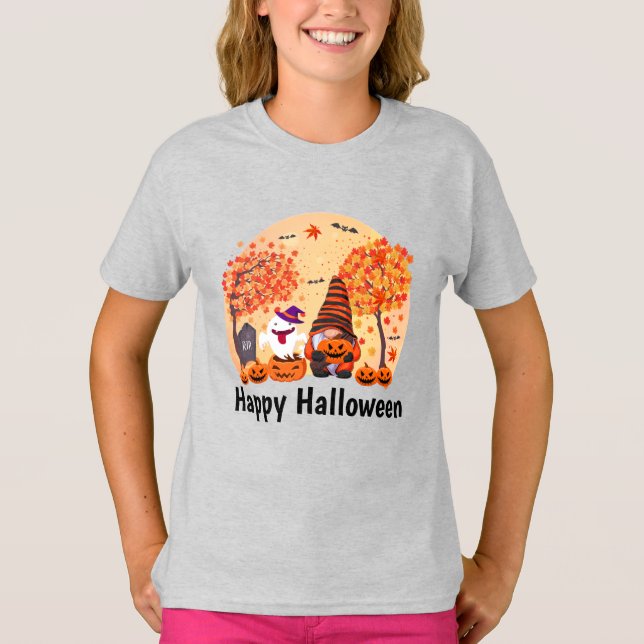 Camiseta Gnome De Halloween Y Fantasma Con Chica De Texto (Anverso)