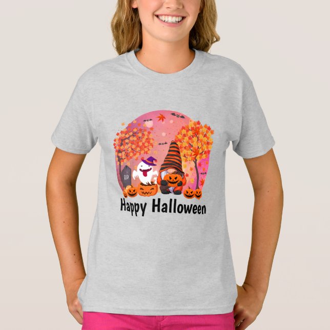 Camiseta Gnome De Halloween Y Fantasma Con Chica De Texto (Anverso)