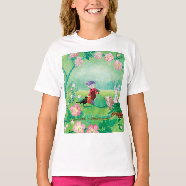 Camiseta Gnome jardener, Blackbird, Hedgehog y Conejo Blanc (Anverso)