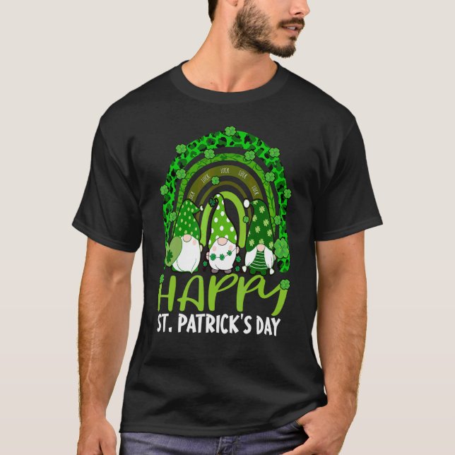 Camiseta Gnome Lucky Shamrock Rainbow Leopardo St Patricks  (Anverso)