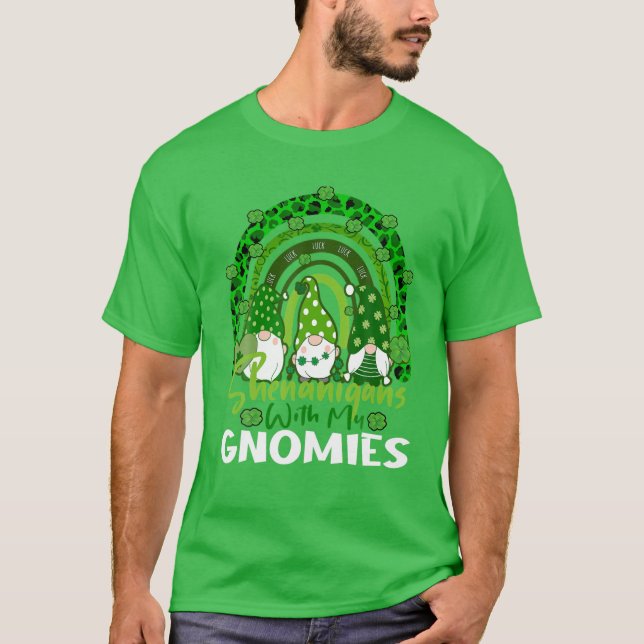 Camiseta Gnome Lucky Shamrock Rainbow Leopardo St Patricks  (Anverso)