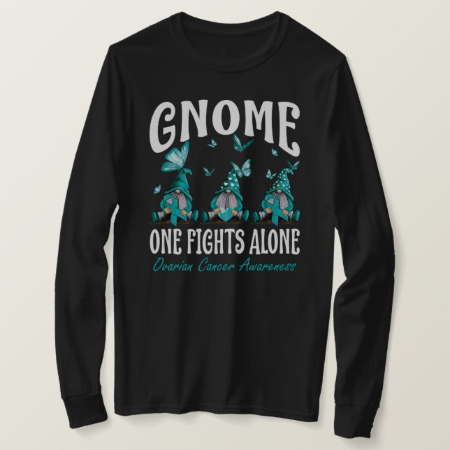 Camiseta Gnome One Fights Alone Ovarian Cancer Awareness (Anverso del diseño)