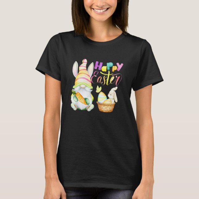 Camiseta Gnome Rabbit Eggs Bunny Watercolor Caza Feliz E (Anverso)