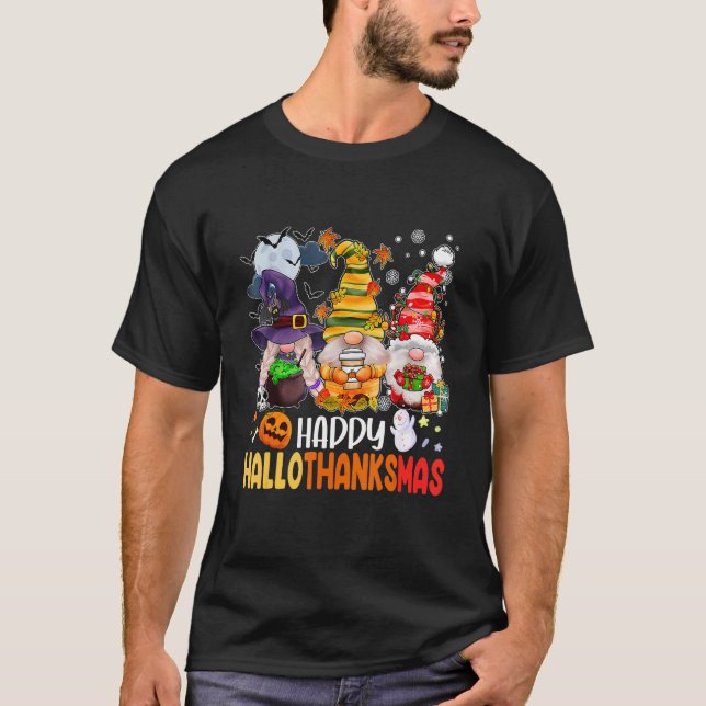 Camiseta Gnomes Halloween Merry Christmas Happy Hallothanks (Anverso)