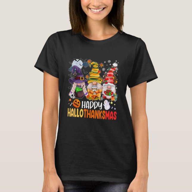Camiseta Gnomes Halloween Merry Christmas Happy Hallothanks (Anverso)