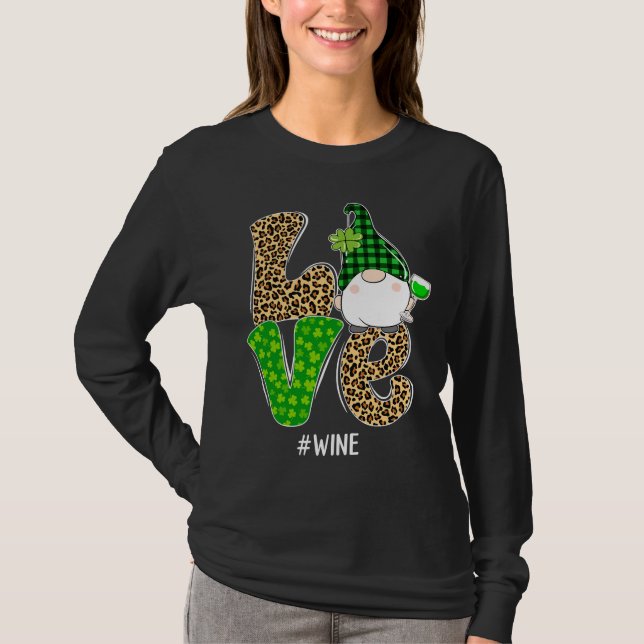 Camiseta Gnomes Patrick S Day Love Wine Leopard Plaid Costu (Anverso)